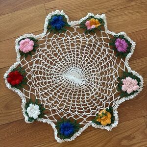Vintage Hand Crocheted Floral Doily Mid Century 1950s 1960s Raised Flowers